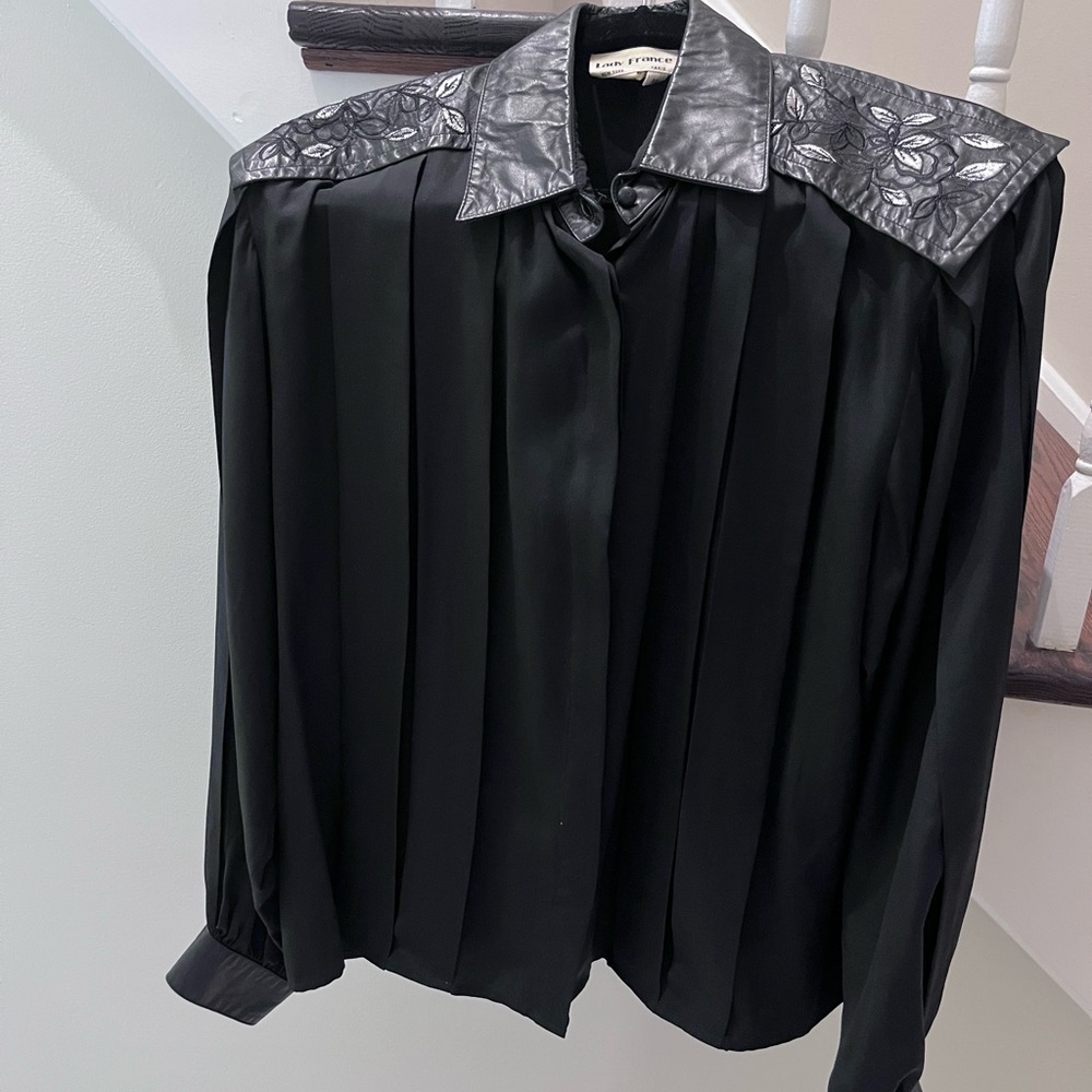 Black Pleated Blouse with Embossed Leather Collar